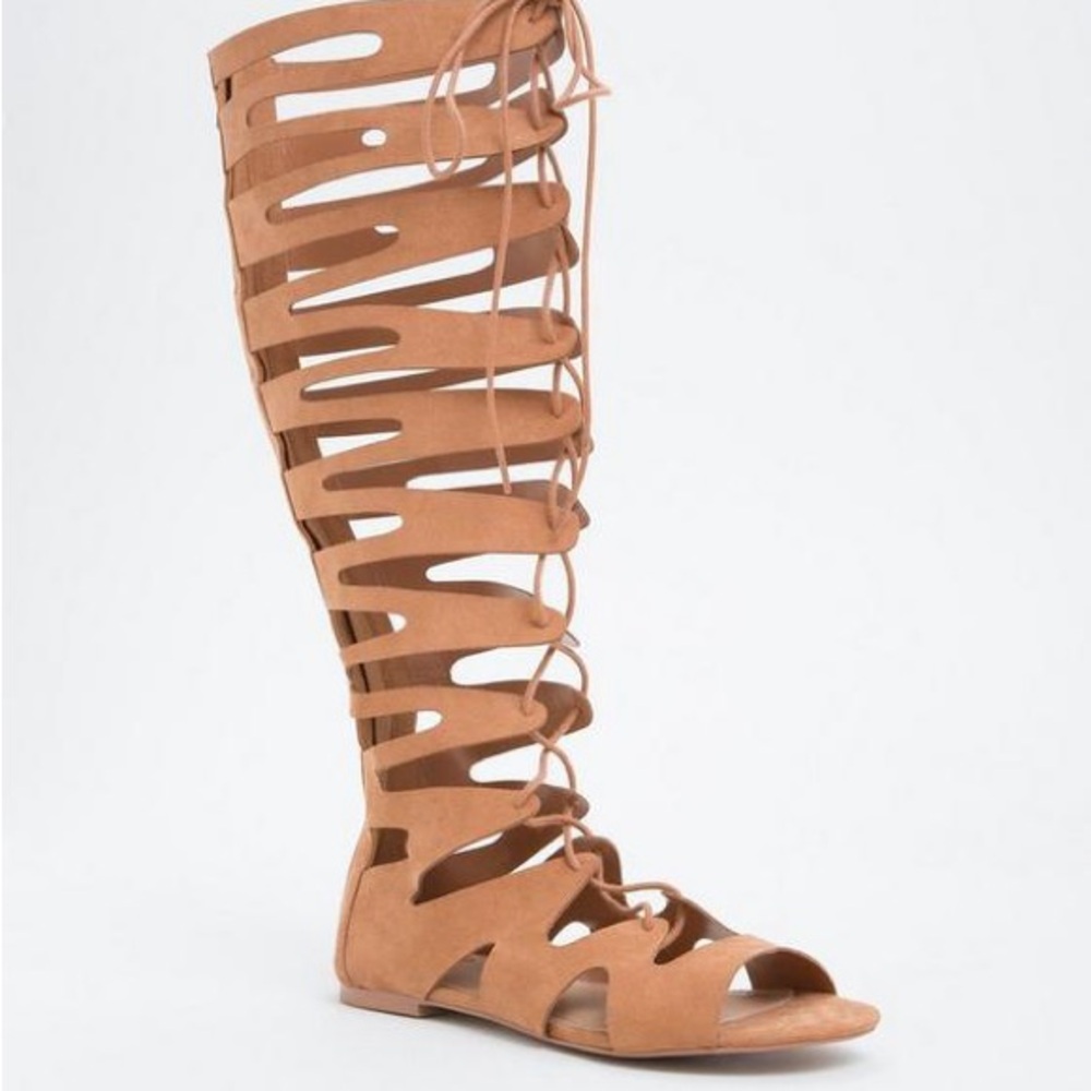 Torrid Faux Suede Lace-Up Gladiator Sandals – Size 12W, Knee High, Tan